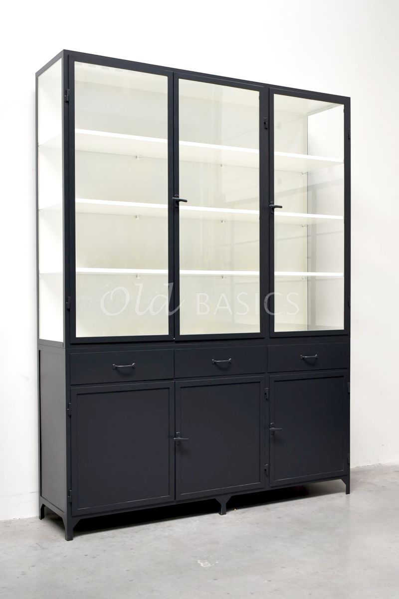 Apothekerskast Ferro, 3 deuren, RAL7021, grijs, zwart, materiaal staal